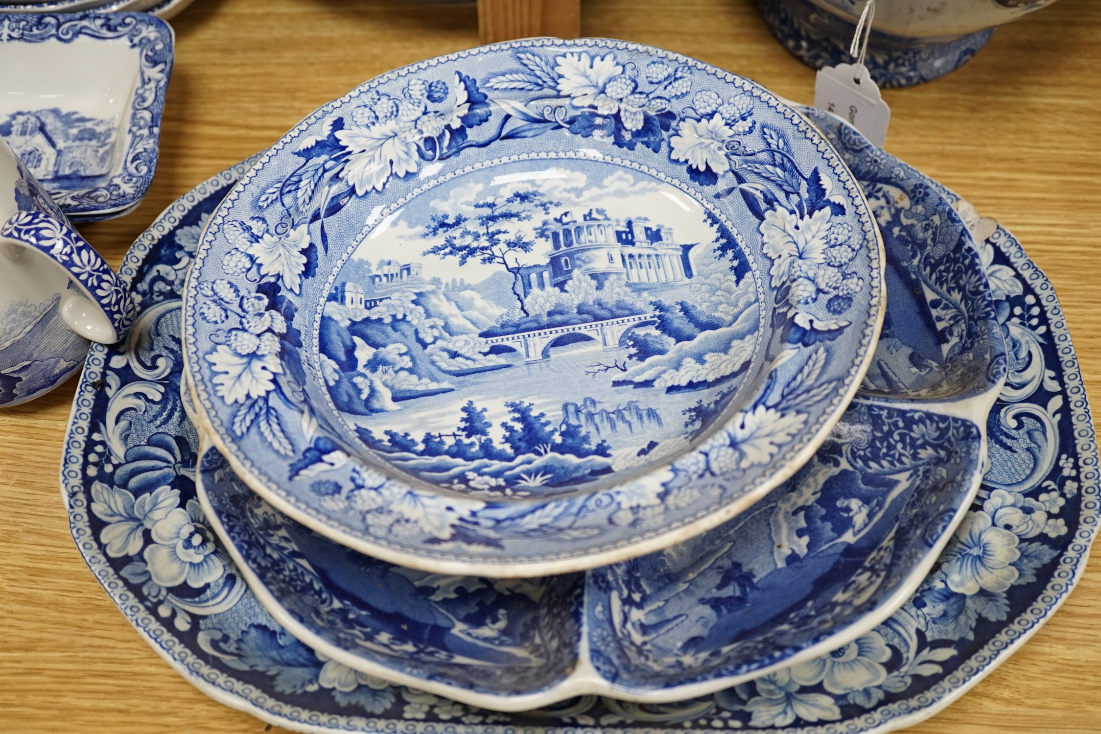 A collection of blue and white Spode Italian dinnerware to include mugs, plates and lidded tureen, largest 37cm wide. Condition - poor to fair